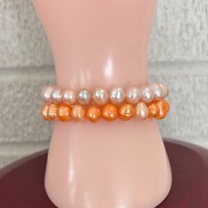 Set of 2 Genuine 8-9mm Peaches & Cream Dyed Pearl Stretch Bracelets 6.5" - 7.5"